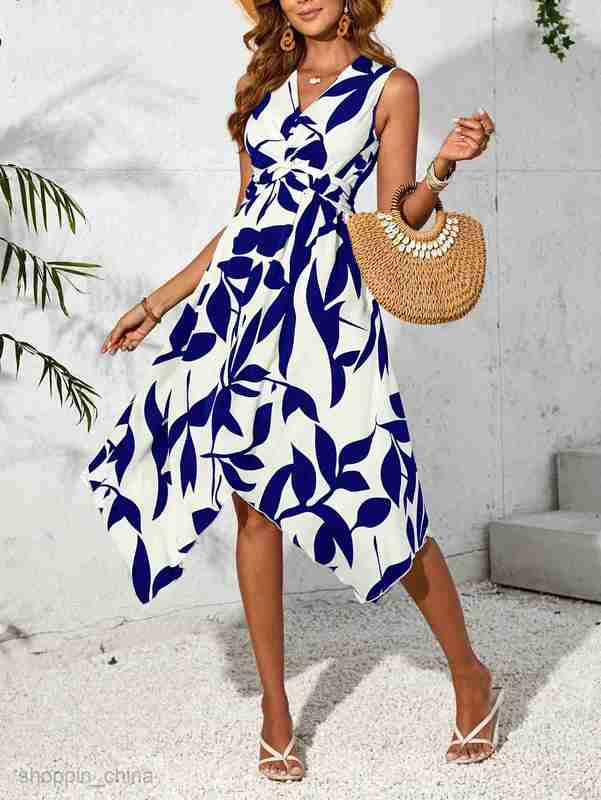 Basic Casual Dresses for Woman Long sleeveless midi skirt, leaf print, twisted irregular dress, spring/summer women's design sense