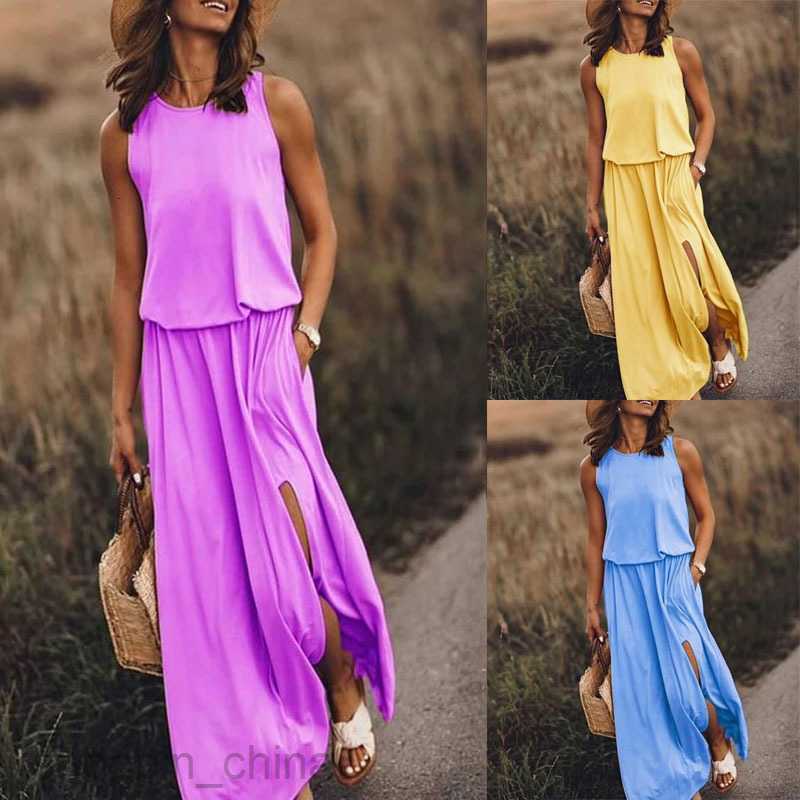 Casual Dresses for Woman Spring/Summer New Women's Round Neck Sleeveless Dress Split Solid Color Casual Commuter Long Dress