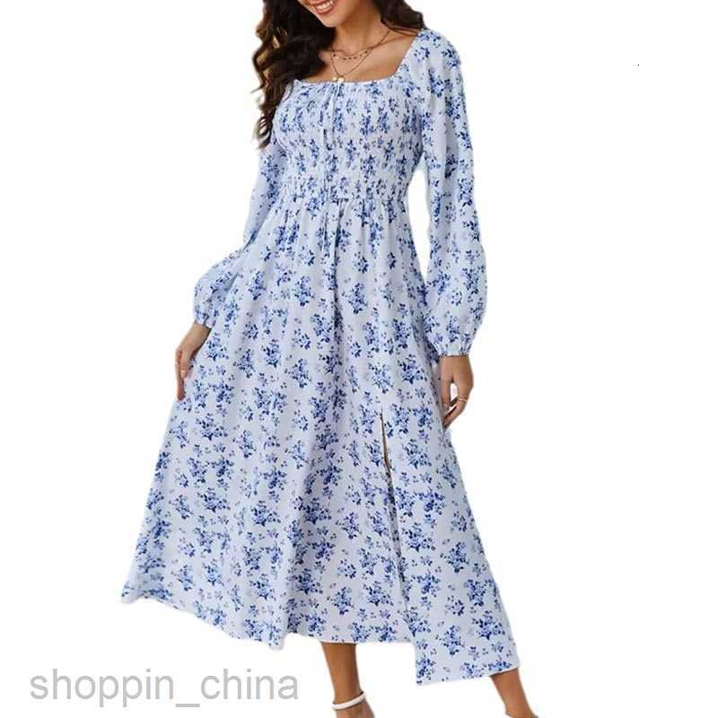 Basic Casual Dresses for Woman Spring/Summer New Romantic and Elegant Women's Dress Square Neck Tie Long Sleeve Split Flower Dress Long Dress