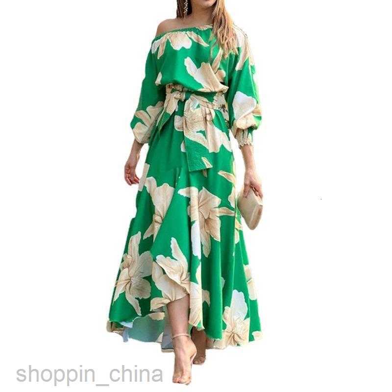Basic Casual Dresses for Woman New Elegant Skew Shoulder Long Dress with Printed Lantern Sleeves High Waist Dress for Women