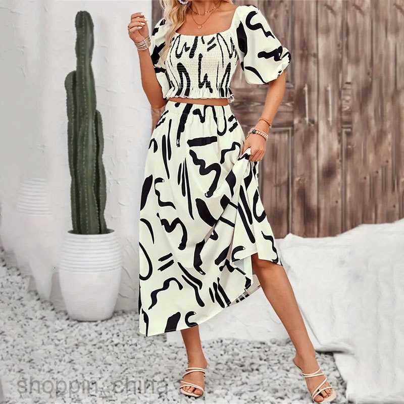 Basic Casual Dresses for Woman Women's clothing set, summer two-piece set, sleeve, ruffled top, printed skirt for women