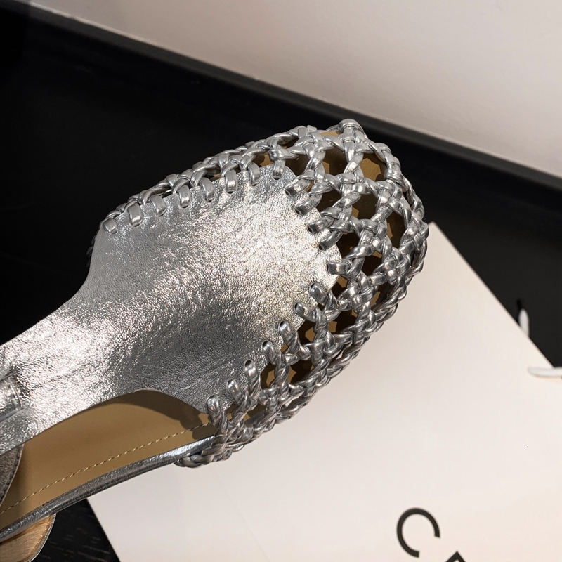 Women's New Summer Square Head Genuine Leather Cowhide Woven Hollow Out Comfortable And Breathable Low Heel Toe Muller Sandals