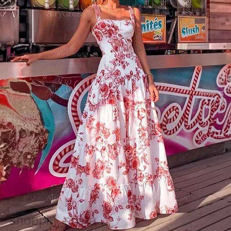 Basic Casual Dresses for Woman Summer Dress New Style Plant Printed Long Hem Waist Suspended Dress