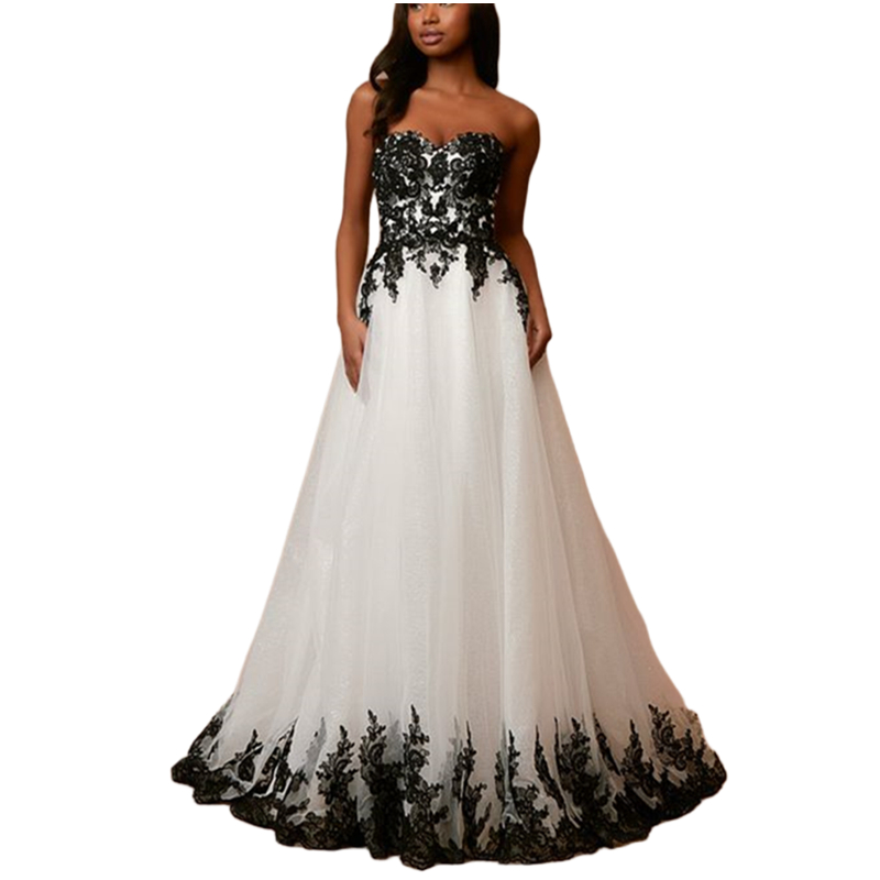 2024 Black And White Wedding Dresses Lace Appliques Floor Length Gothic Bridal Gowns Sweetheart Neck Sleeveless Long Boho Bride Dress