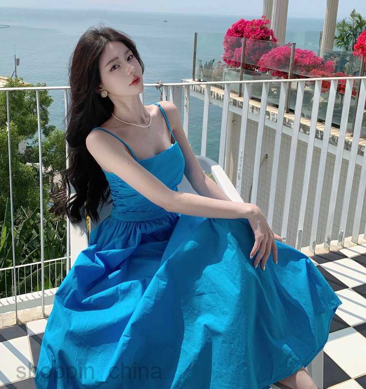 Basic Casual Dresses Women Romantic Rose Red Strap Holiday Dress Women's Summer High Waist Slim Mid length A-line Dress Tea Break Dress