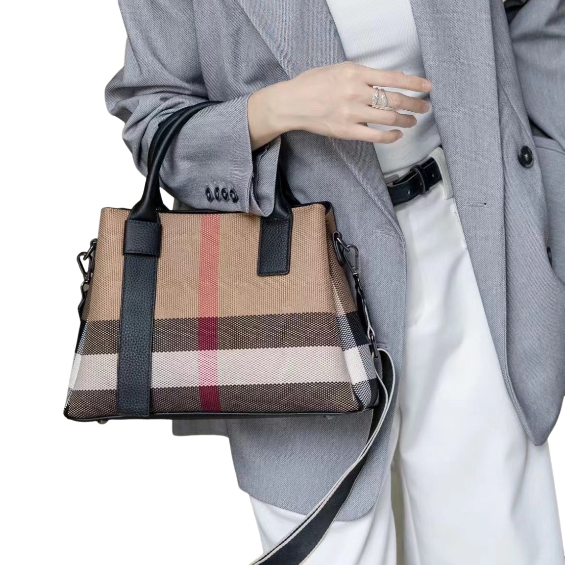 Street trend niche design new leather plaid fabric with contrasting color tote single shoulder portable commuting backpack 7bd7 4