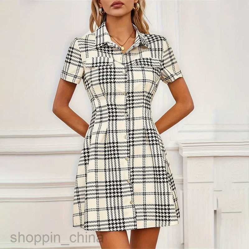 Basic Casual Dresses for Woman Printed shirt skirt, short sleeved waistband, thousand bird plaid short skirt dress, spring/summer women's feeling
