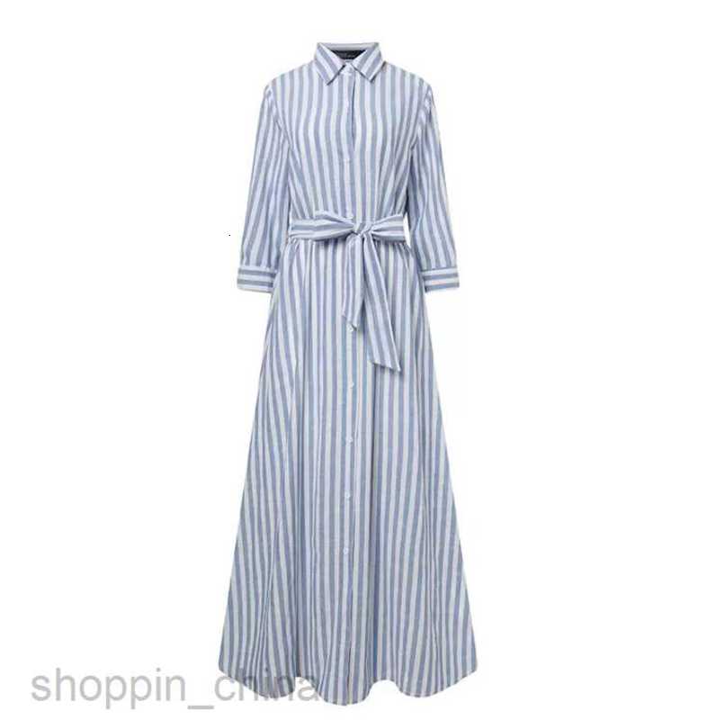 Basic Casual Dresses Women New Cotton and Hemp Colored Weaving Stripe Women's Cardigan Waist Belt High Grade Loose 3/4 Sleeve Elegant Casual Dres