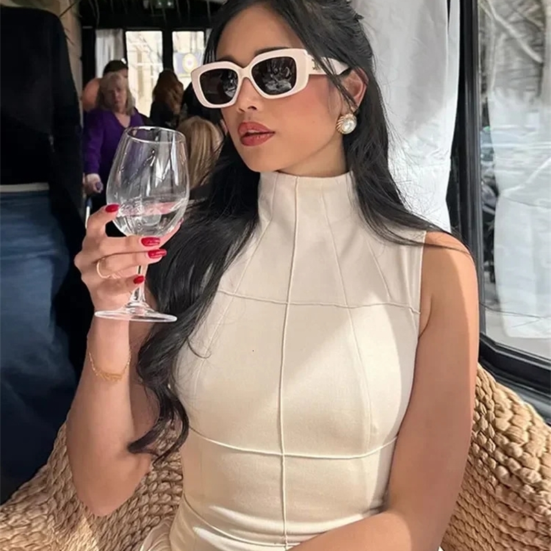 Elegant Sleeveless Women Midi Dress Fashion Slim Half High Collar Pleated Hem A-line Dresses Summer Female Solid Commuting Robe 240530