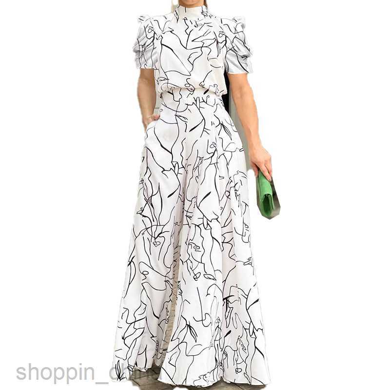 Women's Two Piece Sets Pants Summer Women's Loose, Fashionable, Elegant Short sleeved Hanging Neck Art Printed jumpsuit