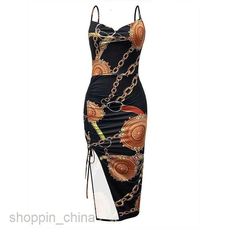 Basic Casual Dresses for Woman Women's black style polo neck drawstring sexy split print dress with contrasting color strapless suspender dress, 