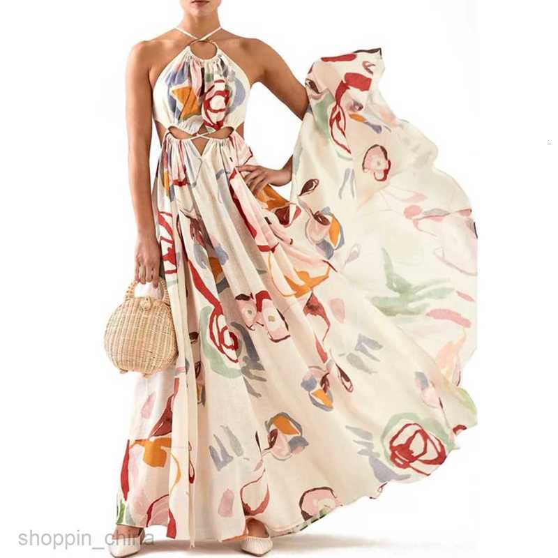 Basic Casual Dresses Women Spring/Summer New Women's Wear New Slim Fit Big hem Sexy Hanging Strap Printed Long Skirt Beach Dress