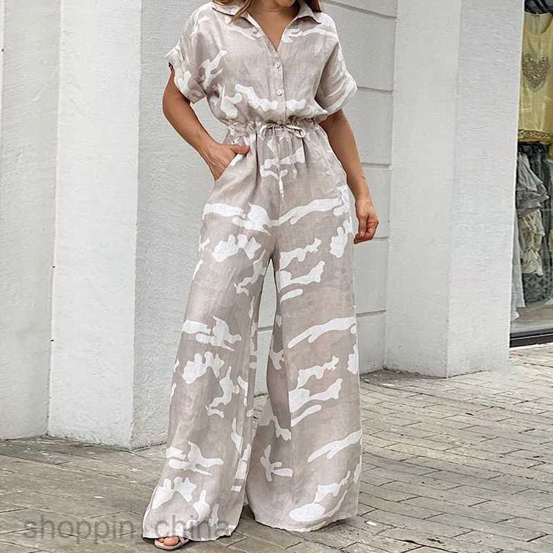 Women's Two Piece Sets Pants Summer New Women's Fashion Flip Collar Printed Button Lace Up jumpsuit