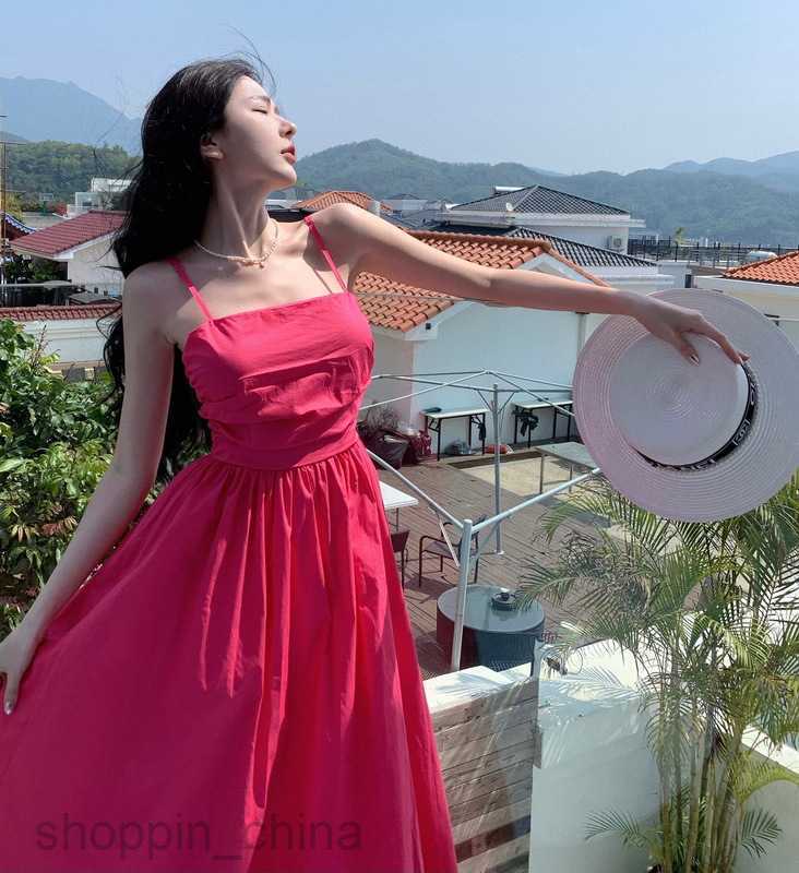 Basic Casual Dresses Women Romantic Rose Red Strap Holiday Dress Women's Summer High Waist Slim Mid length A-line Dress Tea Break Dress