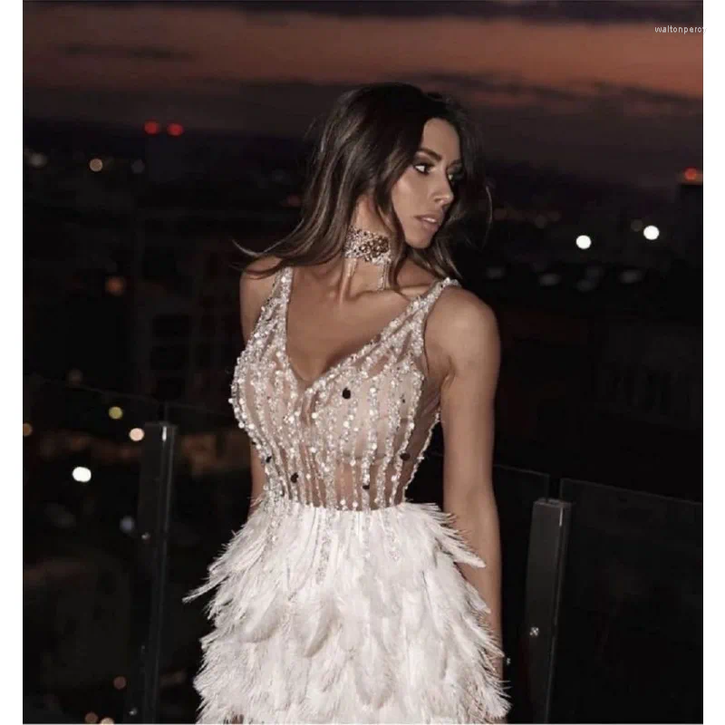 Casual Dresses European And American Sexy V-neck Sleeveless Feather Mini Gown Tassel Sequin Ladies Slim Fit Short Evening Vestidos