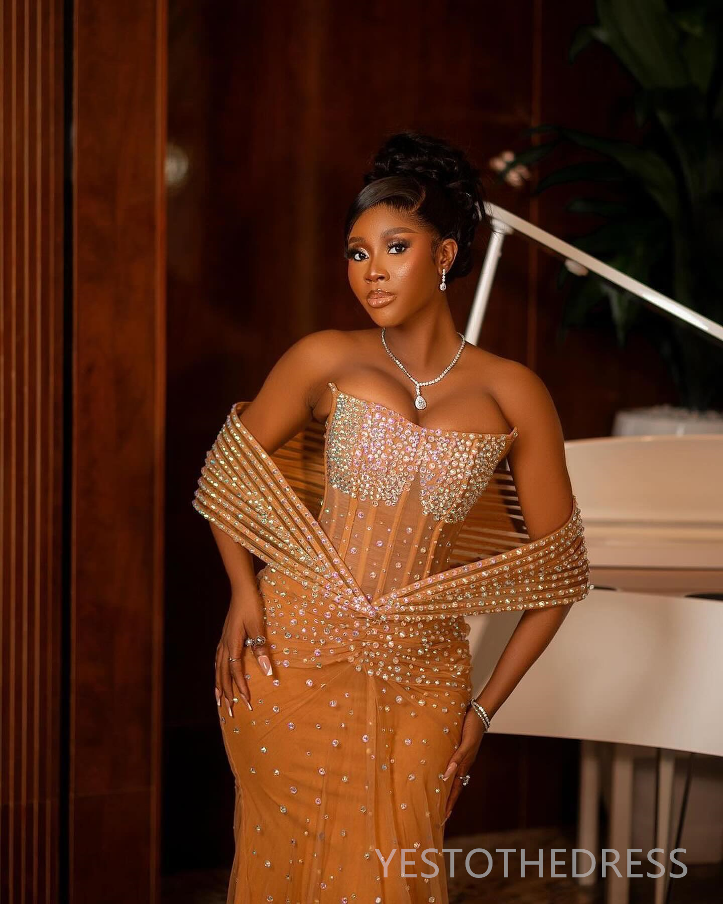 2024 Aso Ebi Champagne Prom Dresses for Black Women Mermaid Promdress Illusion Evening Dresses Elegant Rhinestones Decorated Tulle Gala Engagement Gow