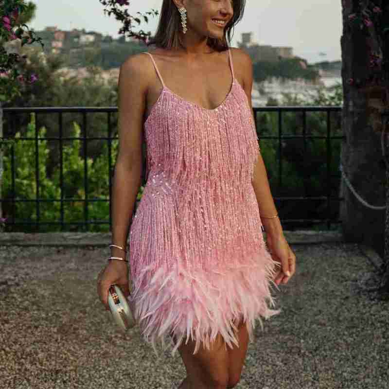 Basic Casual Dresses Women Women's Fringe Feather Bead Banquet Dress Sexy V-neck Strap Dress