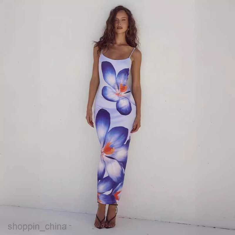 Basic Casual Dresses Women Summer new print camisole slit slim fit dress