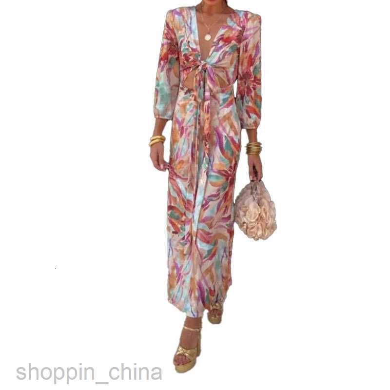 Basic Casual Dresses for Woman Summer Women's Printed Elegant and Fashionable V-neck Bubble Long sleeved Open Navel One Step Dress