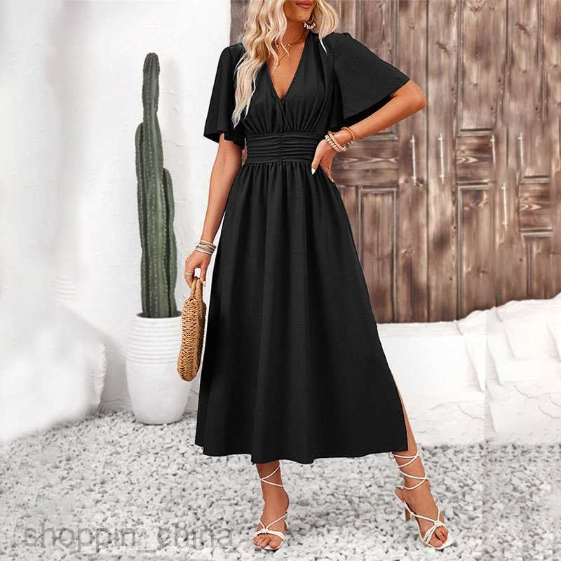 Basic Casual Dresses for Woman Women's skirt with lotus leaf sleeves, high slit, elastic waist dress, solid color, long skirt, summer girl's