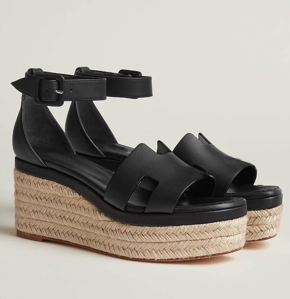 Luxury Womens Designer Shoe Elda Espadrille Wedge Sandals Shoes Calfskin Wedged Rope High Heel Sandal White Black Comfort Lady Walking Gladiator Sandalias EU35-43