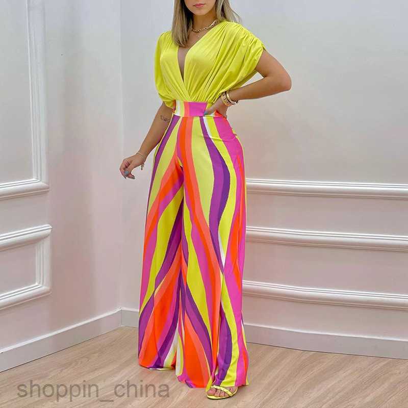 Women's Two Piece Sets Pants women's clothing summer new temperament V-neck printed wide leg pants fashion casual set