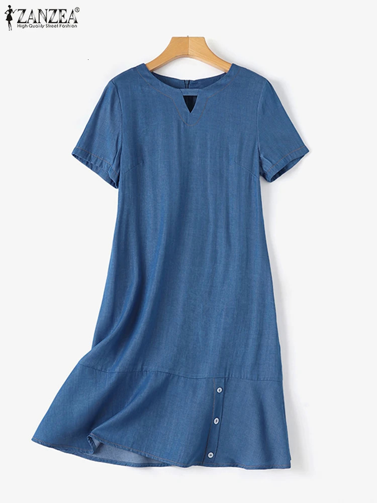 ZANZEA Summer Fashion Denim Blue Dress Short Sleeve O-Neck Dresses Vintage Party Vestidos Female Elegant Knee Length Robe 240701