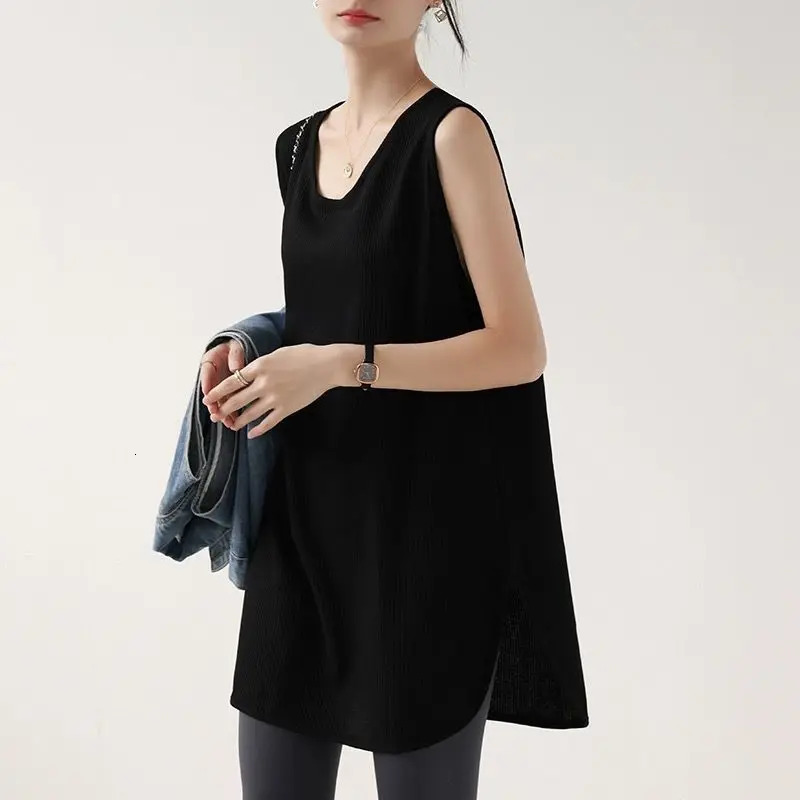 Elegant Fashion Harajuku Slim Fit Womens Clothing Loose Casual Sweat Sport All Match Top Solid V Neck Sleeveless Tanks 240626