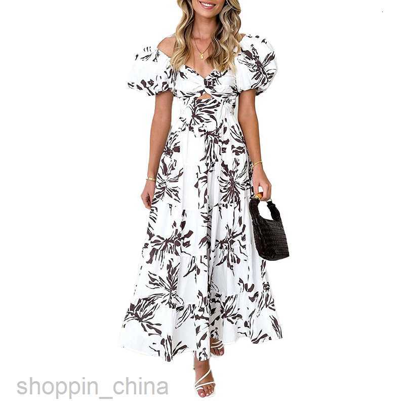 Basic Casual Dresses for Woman Summer New Women's Sweet and Elegant Flower Hollow Shoulder Printed Dress