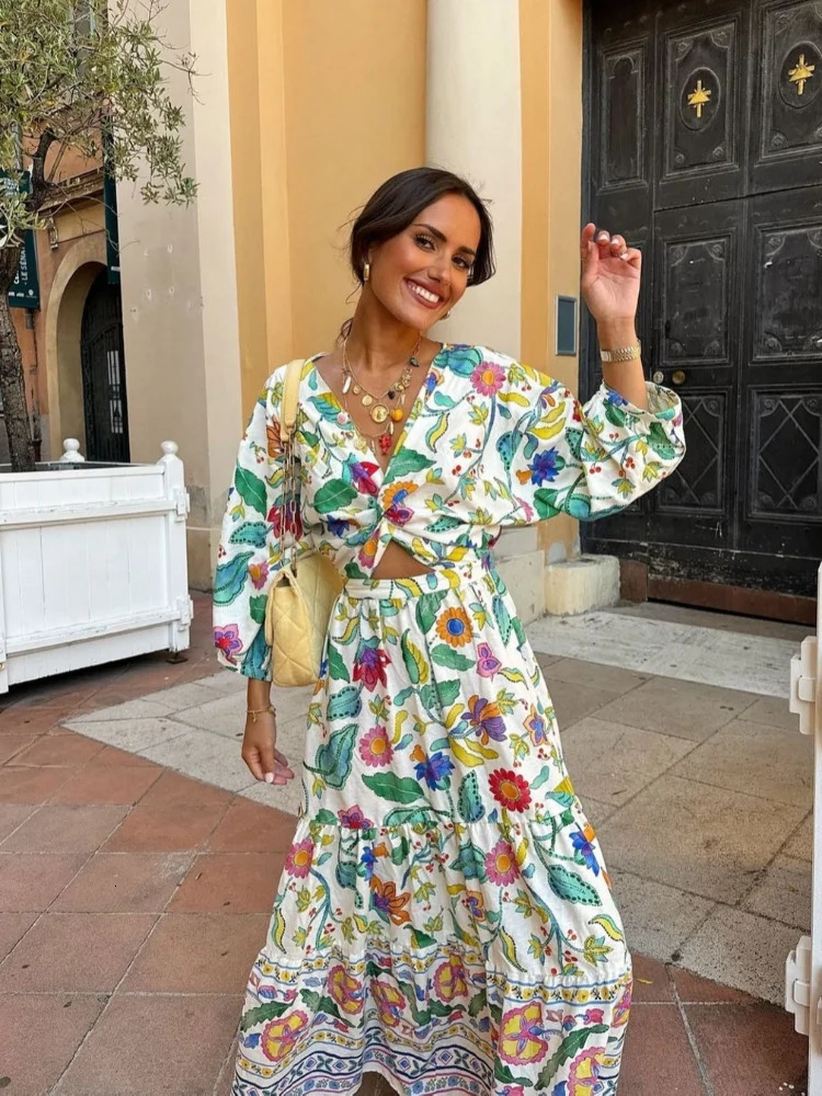 Flower Print Summer Womens Dress Elegant Long Sleeves Vneck Hollow Out Vacation 2024 Female Clothes Sundress 240627