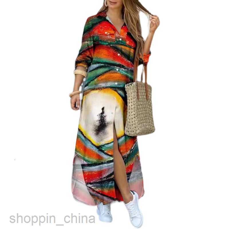 Basic Casual Dresses Women New Autumn New Fashion Long Sleeve Printed Shirt Skirt Long Dress