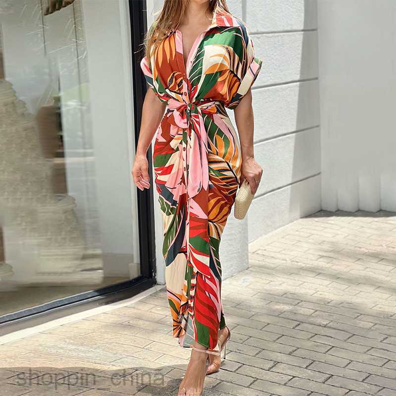 Basic Casual Dresses for Woman Summer Women's Elegance Commuting Fashion Printed Short sleeved High Waist Button Shirt Dress