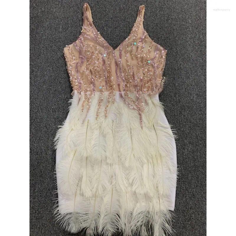 Casual Dresses European And American Sexy V-neck Sleeveless Feather Mini Gown Tassel Sequin Ladies Slim Fit Short Evening Vestidos