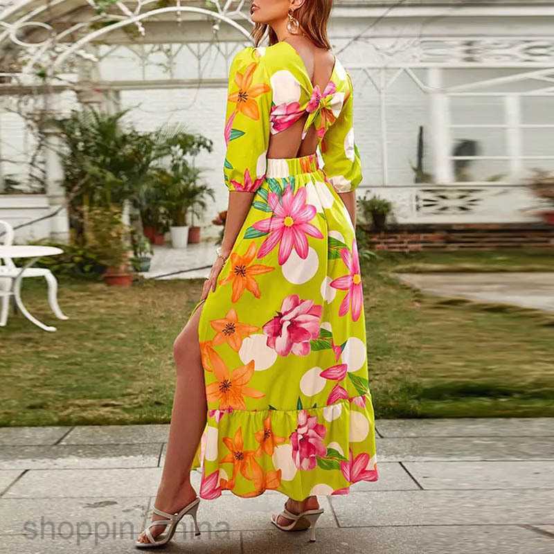 Basic Casual Dresses for Woman Women's Summer Fashion Personality Deep V Print Split Open Back Dress