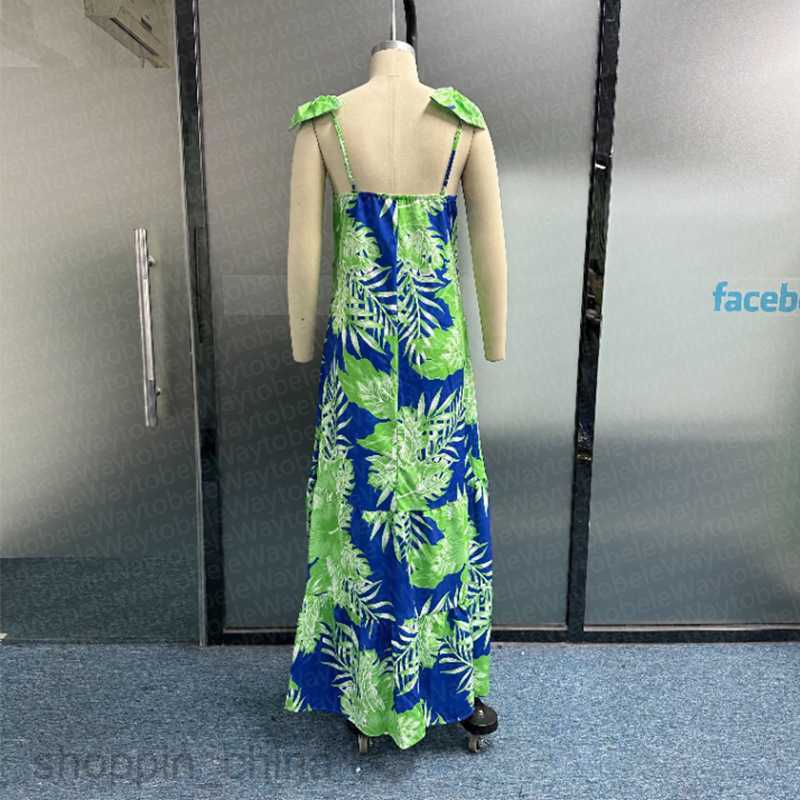 Basic Casual Dresses Women Summer New Fashion Print V-neck Sling Beach Long Sling Dress