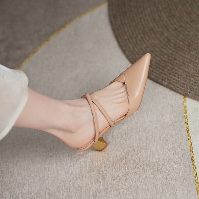 Women's New Spring/Summer Pointed Pearl Genuine Leather Cowhide Cross High Heel Baotou Muller Slippers