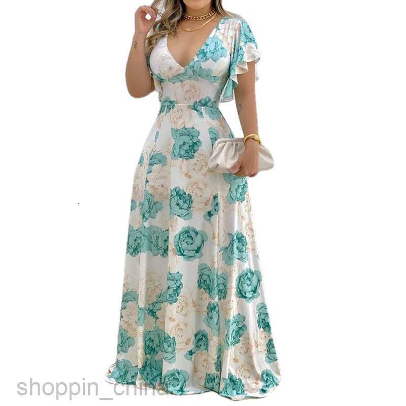 Basic Casual Dresses Women new women's summer floral commuting V-neck waist cinching printed large hem dress