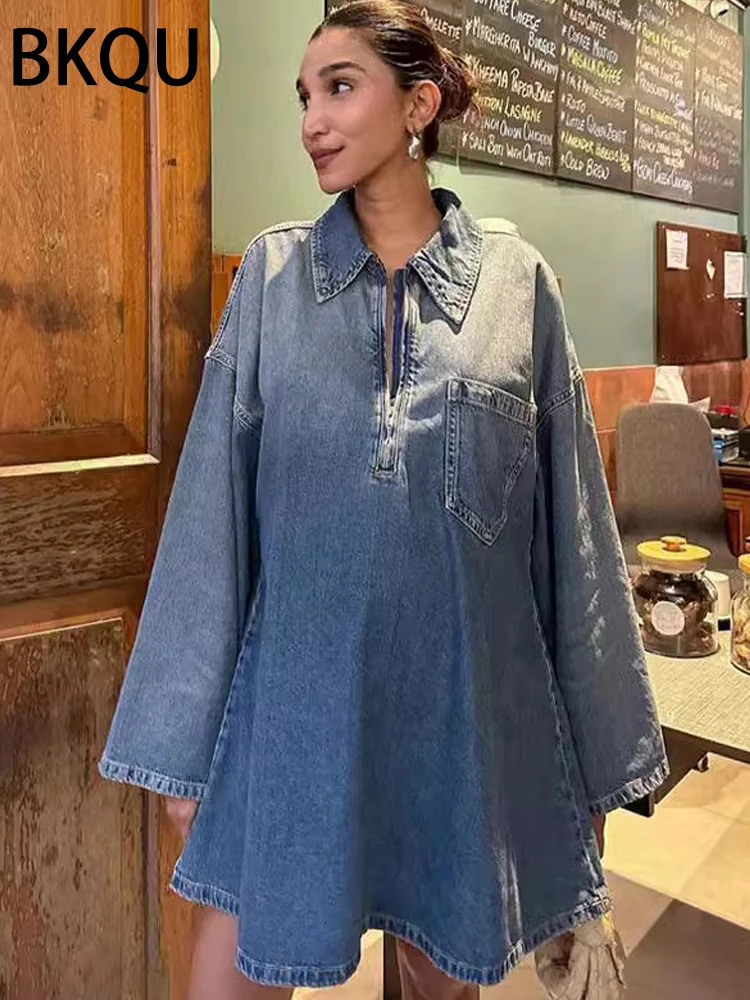 BKQU Denim Dress for Women Lapel Zipper Fashion Loose Mini Dress Long Sleeve Pocket A-Line Skirt Party Club Polo Style 240701