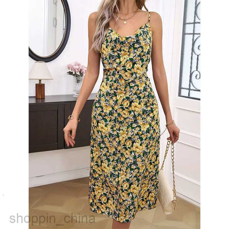 Basic Casual Dresses for Woman Women's Summer New Elegant Hanging Neckline Small Fragmented Flower Sling Dress Printed Sling Dress Long Dress