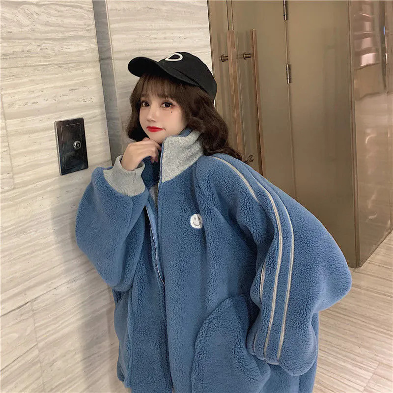 Korean Patchwork Contrast Color Faux Lamb Wool Coat Casual Women Stand Collar Long Sleeve Imitation Fur Overcoat F7.1#48.51