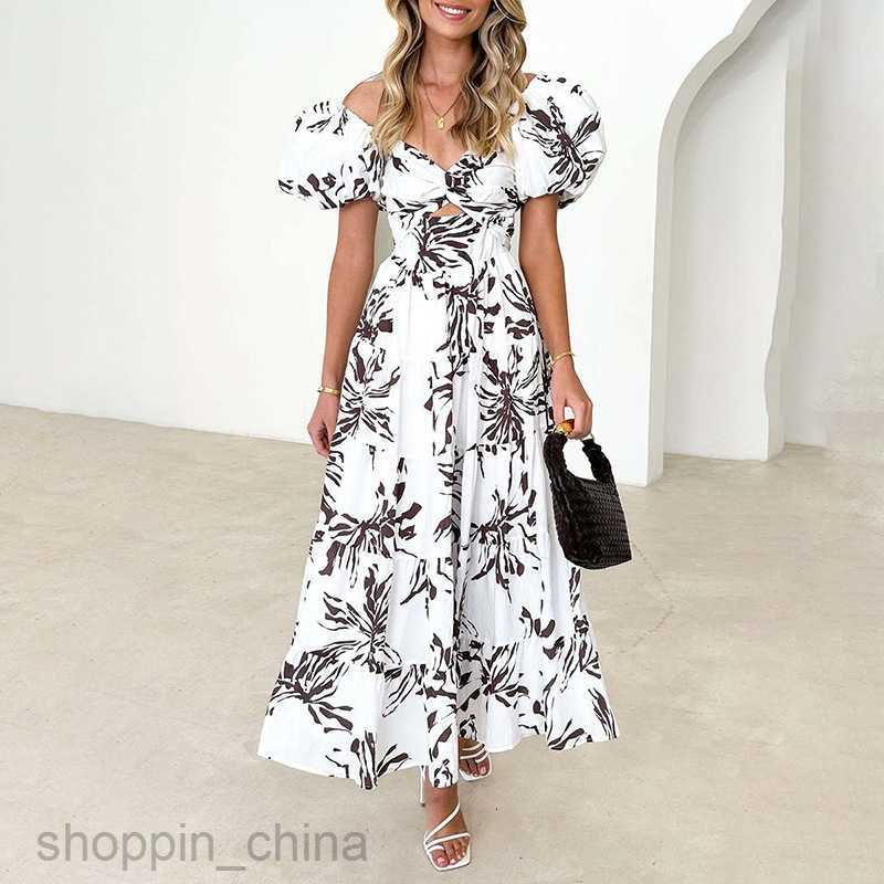 Basic Casual Dresses for Woman Summer New Women's Sweet and Elegant Flower Hollow Shoulder Printed Dress