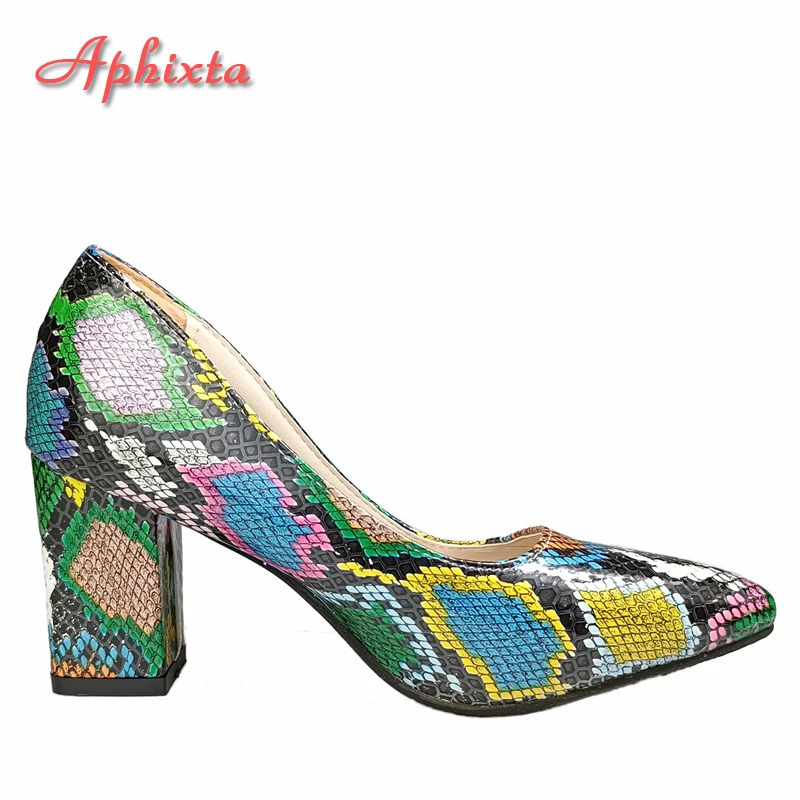 Aphixta Snake Prints 7cm Square Heels Pumps Women Shoes Crystal Pearl Sunflower Buckle Party Leisure Big Szie 35-46 240629