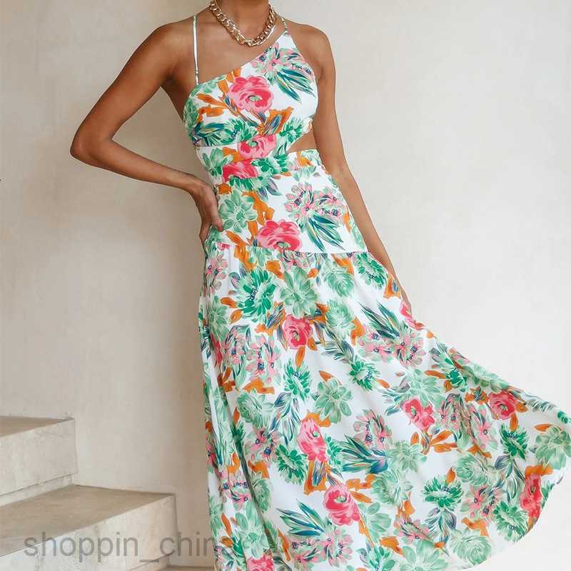 Basic Casual Dresses for Woman Summer New Women's Fashion Elegance and Fashionable Slant Shoulder Waist Fragmented Flower Hanging Strap Dress