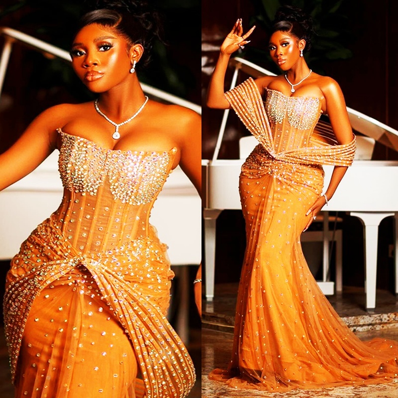 2024 Aso Ebi Champagne Prom Dresses for Black Women Mermaid Promdress Illusion Evening Dresses Elegant Rhinestones Decorated Tulle Gala Engagement Gow