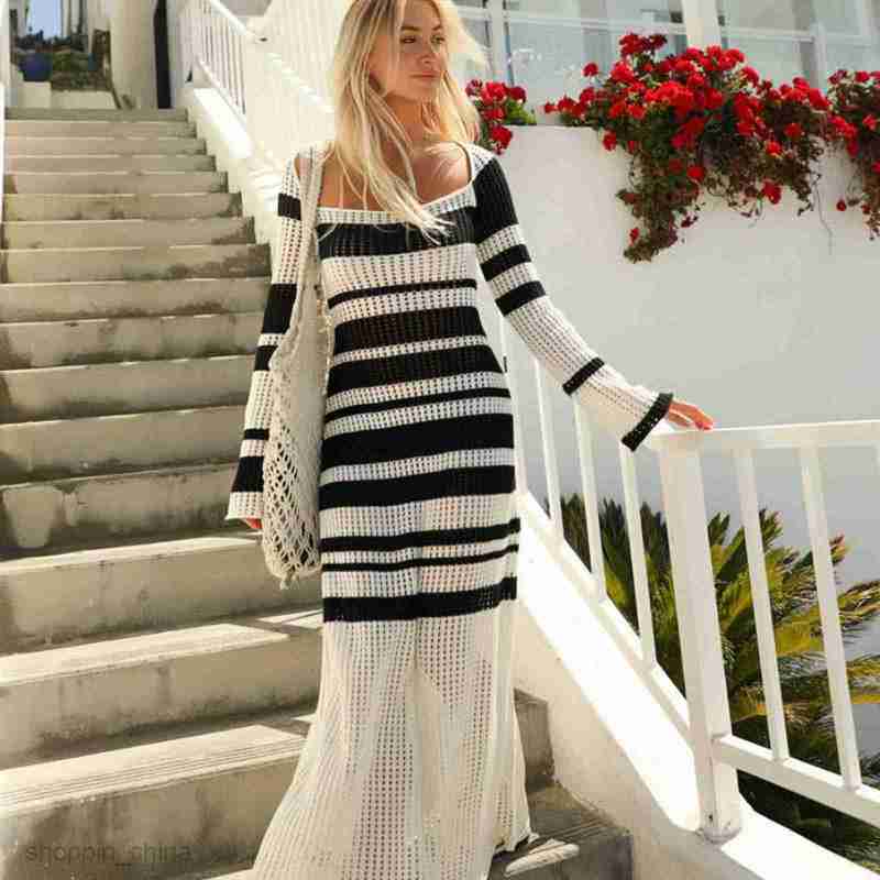 Basic Casual Dresses Women Spring/Summer Beach Skirt Long sleeved Black and White Stripe Hollow Sun Protection Cover Top Sexy U-neck Knitted Holiday D