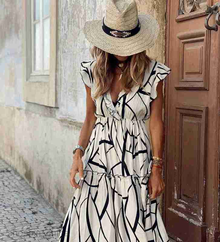 Basic Casual Dresses Women Spring/Summer New Dress Geometric Print V-Neck Ruffle Edge Large Swing Long Dress