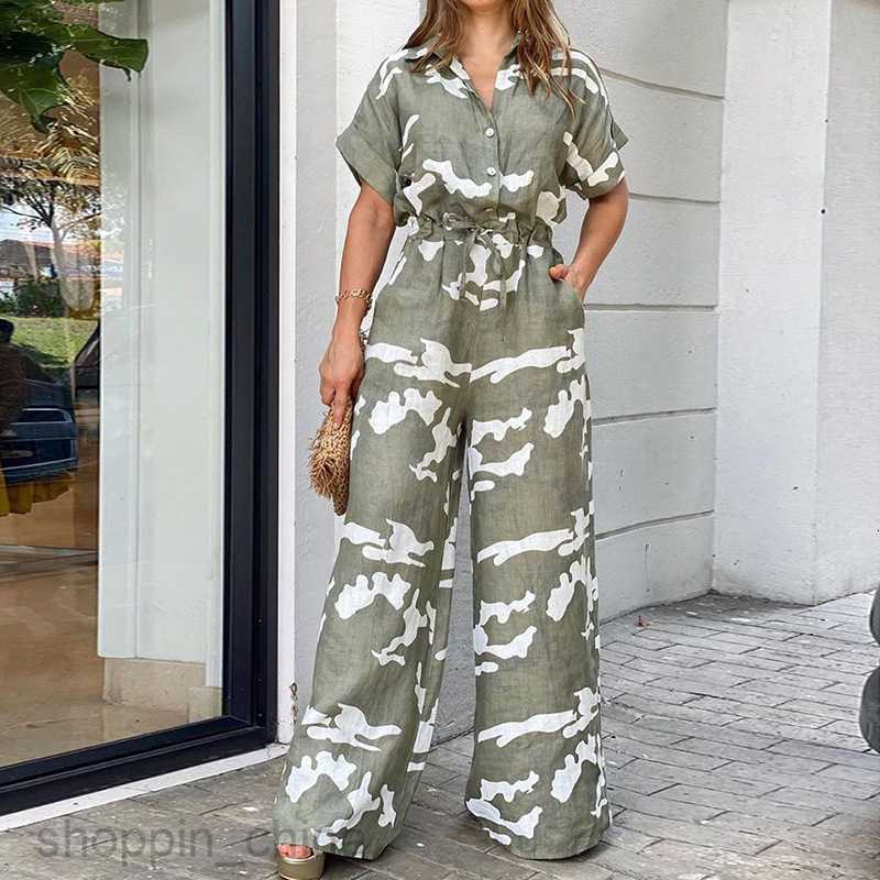 Women's Two Piece Sets Pants Summer New Women's Fashion Flip Collar Printed Button Lace Up jumpsuit