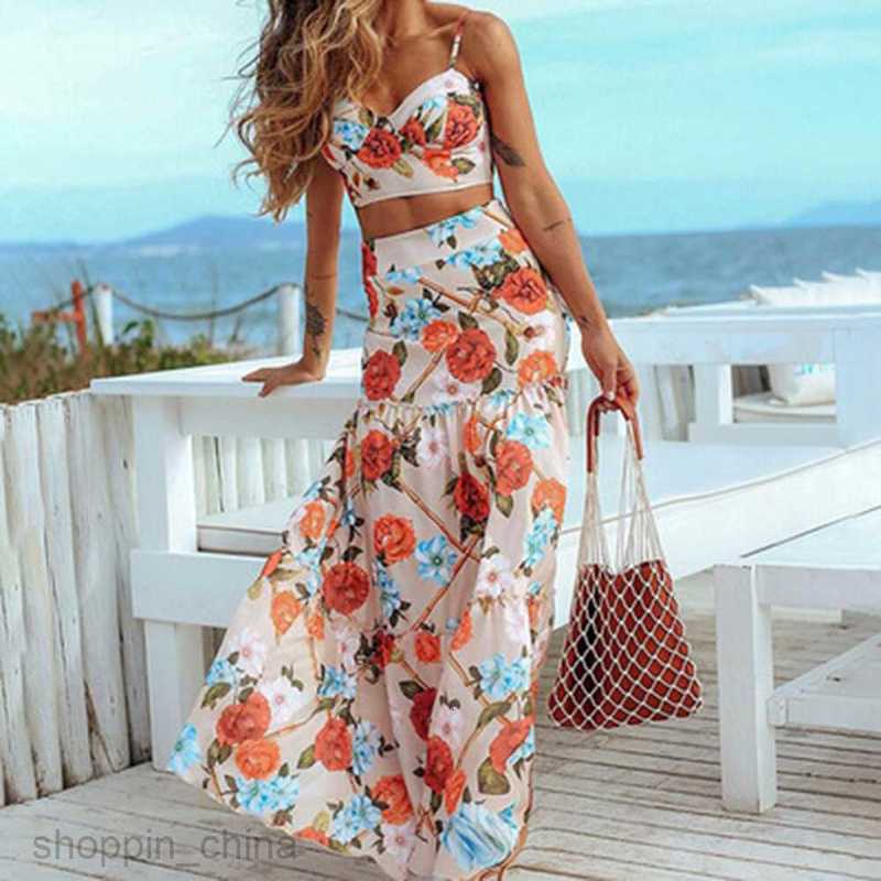 Basic Casual Dresses Women New Spring/Summer Women's Fashion Elegance Sexy Sling Sleeveless Set Printed Backless Beach Skirt
