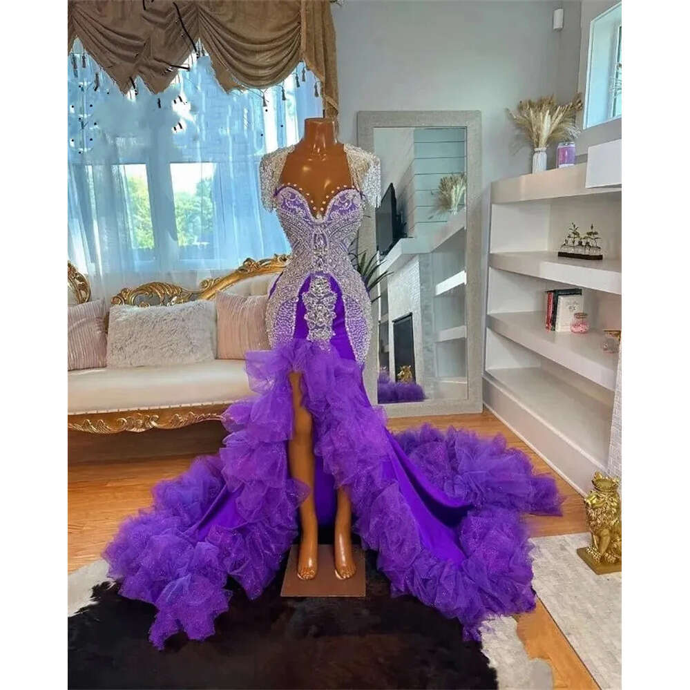 Long Prom Purple For Black Girls Beaded Rhintone Birthday Party Drs Crystal Ruffl High Slit Evening Gown