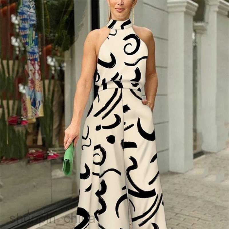 Women's Two Piece Sets Pants Summer Women's New Fashionable Round Neck Tie up Slim Fit Printed jumpsuit